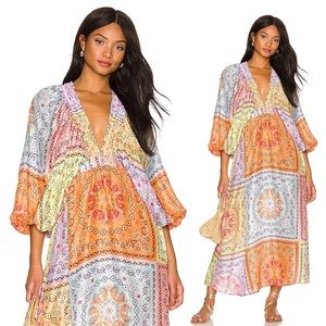Sundress Tiya Patchwork Puff Sleeve Midi Dress in Saint Tropez